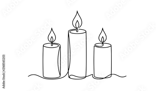 Continuous One Line Drawing of Three Lit Candles for Christmas, Birthday, Relaxation, and Home Decoration Concept Designs