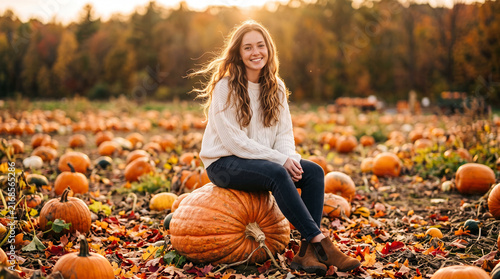 Happy Young Woman Sitting on Giant Pumpkin at Autumn Farm Patch