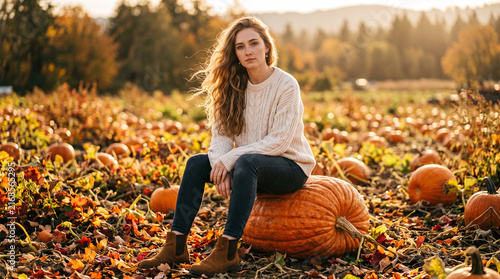 Young Woman Sitting on a Giant Pumpkin in an Autumn Pumpkin Patch