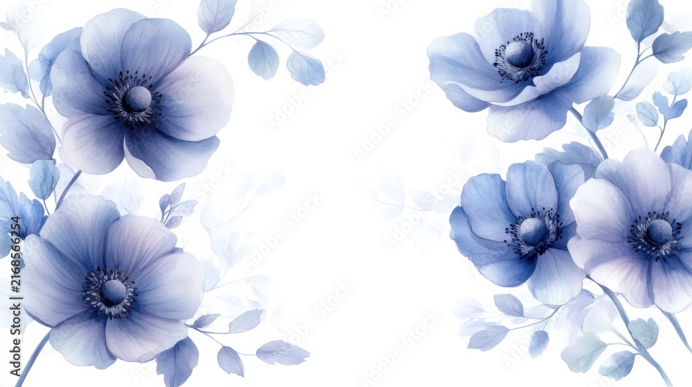 Obraz premium cute watercolor anemone flowers with soft leaves, white background