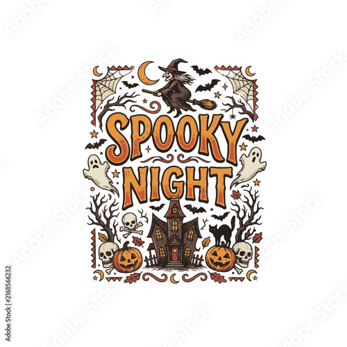Spooky Night Vintage Halloween Typography Emblem with Witch, Haunted House, and Skulls Suitable for apparel design, sticker pack, poster, and Halloween party logo