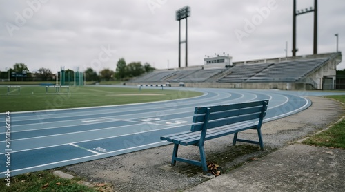 An empty outdoor swimming pool features a vibrant blue bench alongside stadium seating under an overcast cloudy sky during the daytime