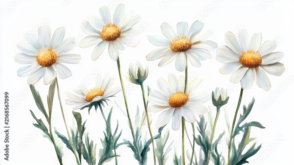 Obraz premium cute watercolor chamomile flowers in a bunch, white background