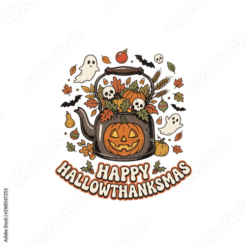 Happy Hallowthanksmas Vintage Teapot Illustration with Pumpkins, Autumn Leaves, and Ghosts Suitable for holiday t-shirt, tote bag, mug print, and seasonal brand logo