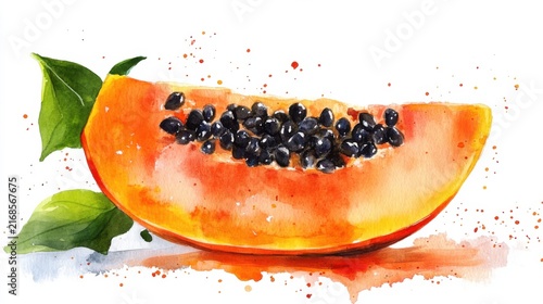 cute watercolor slice of papaya with seeds, white background