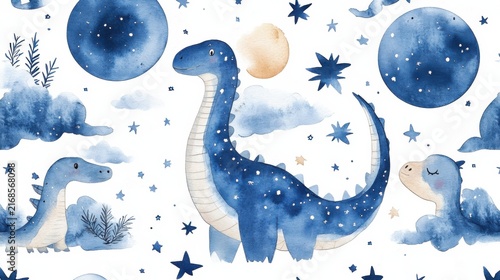 dinosaur and moon seamless pattern, watercolor illustration, white background