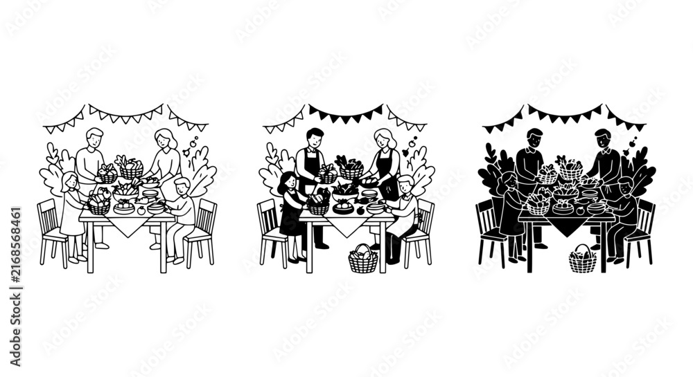 Fototapeta premium Family Gathering Vector Set, Festive Meal Illustration, Holiday Celebration Graphics