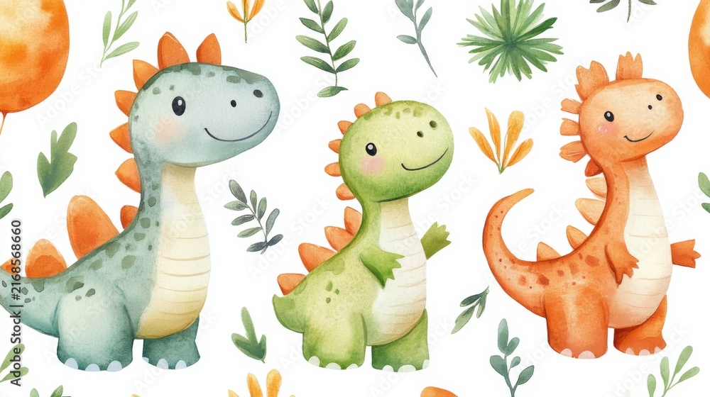 Obraz premium funny baby dino seamless pattern, watercolor painting, white background