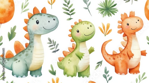 funny baby dino seamless pattern, watercolor painting, white background