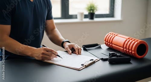 Chiropractor reviewing patient notes and medical forms at their desk with therapy equipment nearby