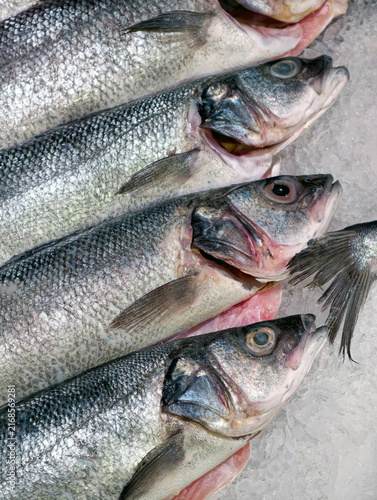 Chilled sea bass neatly arranged on crushed ice at a supermarket seafood counter, highlighting the freshness and quality of the fish for customers
