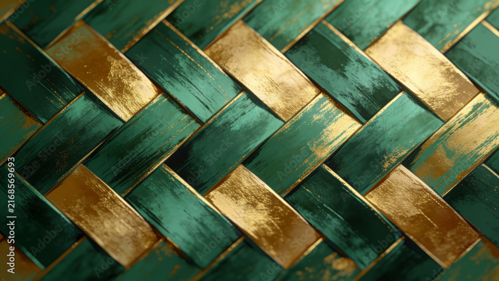 Elegant seamless herringbone weave pattern in an emerald and brass color scheme, soft painterly texture