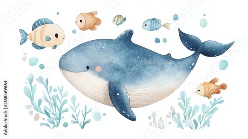 watercolor cartoon whale with tiny fish friends, pastel color, white background