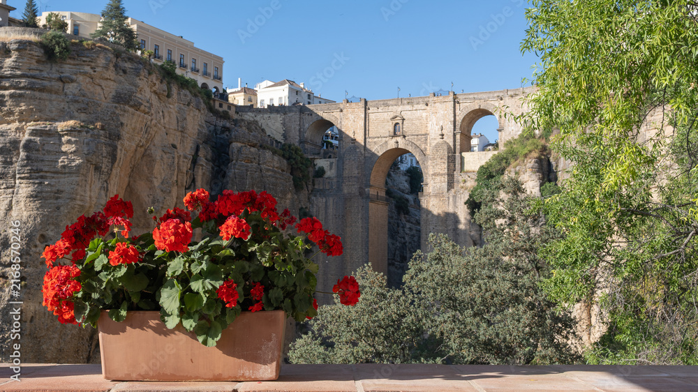 Obraz premium Una maceta con hermosas flores rojas de geranio con vistas al monumental puente de piedra de Ronda, España