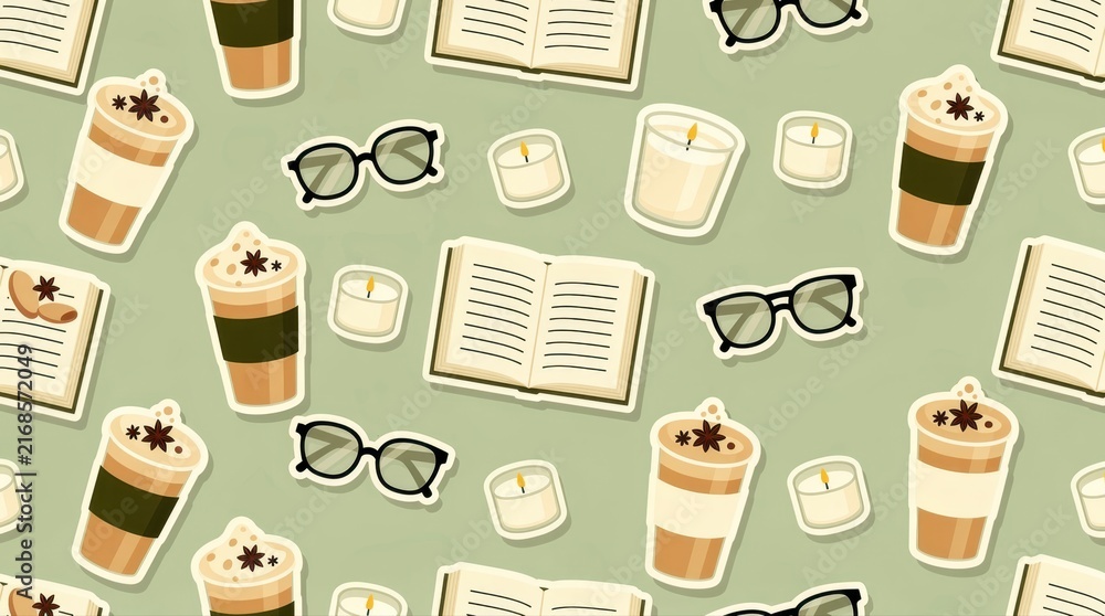 Seamless pattern of cozy lifestyle stickers with books, lattes, candles, and glasses. Flat lay illustration with fall coffee cups. Hygge autumn concept for scrapbooking and stationery design.