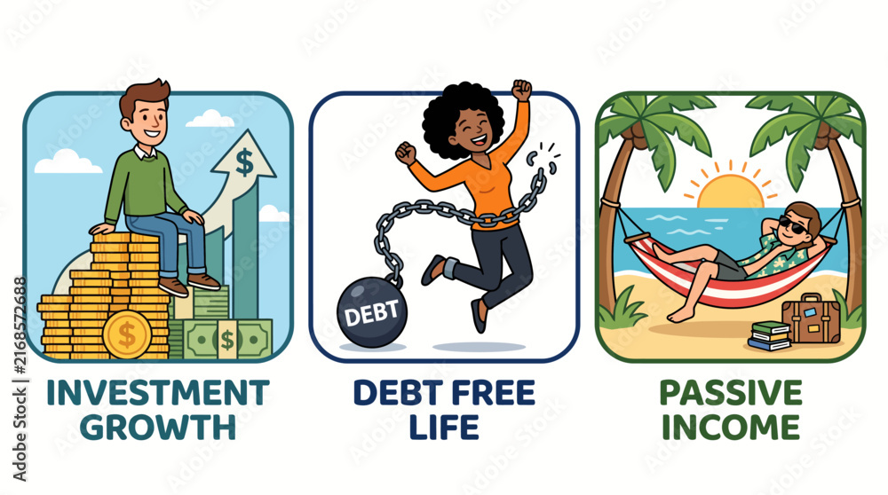 Fototapeta premium Cartoon vector illustration set showing investment growth with coins, debt free life breaking chains and passive income on beach hammock