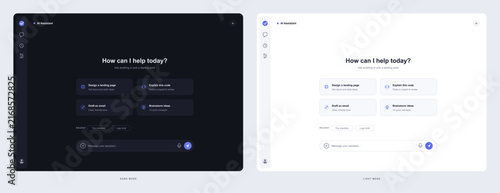 AI assistant chat interface template in dark and light mode. Artificial intelligence chatbot homepage layout with prompt cards, text input bar, sidebar navigation and user dashboard. Vector UI, UX.