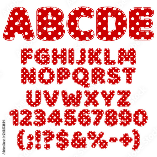 Font, alphabet from made of polka dot fabric and stitches. Isolated vector objects on white background. 