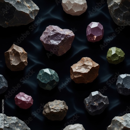 A Collection of Unpolished Raw Minerals and Rough Gemstones Displayed on a Textured Dark Surface