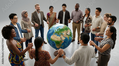 Diverse Group of People Holding Hands in a Circle Around a Global Earth Globe Symbolizing International Unity and Cultural Collaboration