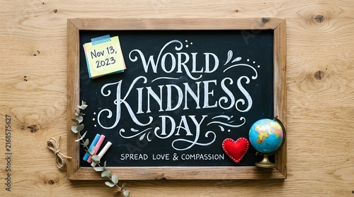 World kindness day message beautifully handwritten on a chalkboard with a globe and a red heart symbolizing compassion and worldwide goodwill