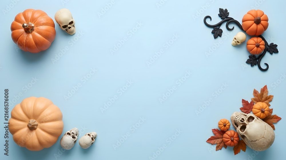Fototapeta premium Autumnal frame featuring pumpkins and dried florals on a light blue background