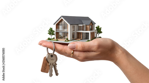 Cuadro en lienzo Hand holding house keys with modern residential property model on transparent ba