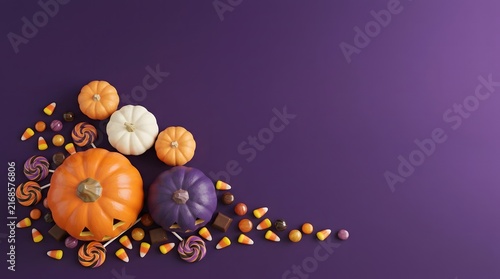 Colorful halloween pumpkins and candy corn on a vibrant purple background