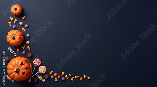 Halloween background with pumpkins and assorted colorful candies arranged in a corner on dark surface