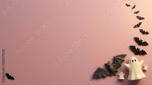 Cute ghost and flying bats on a soft pink background for a fun halloween party invitation