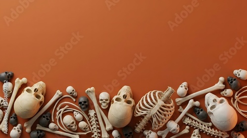 A pile of human skulls and bones arranged at the bottom against an orange background