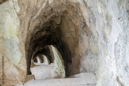 rock shelters carved into mountain, Citadelle, Sisteron, France