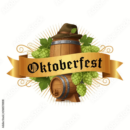 Oktoberfest barrel, hops, and traditional hat with golden ribbon