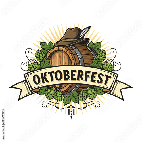 Oktoberfest barrel, hops, and traditional hat emblem, traditional Bavarian celebration concept