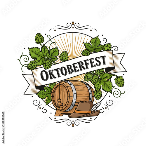 Oktoberfest barrel, hops, hat emblem with sunburst and decorative border