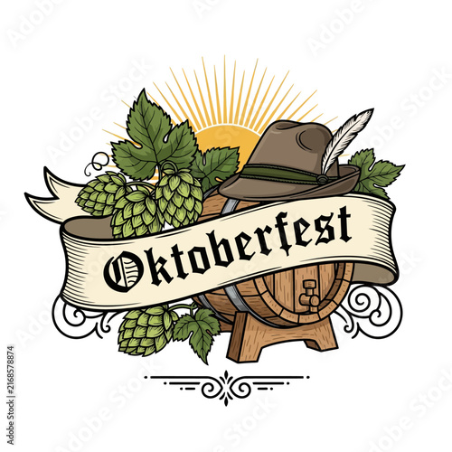 Oktoberfest barrel, hops, hat emblem with sunburst banner illustration