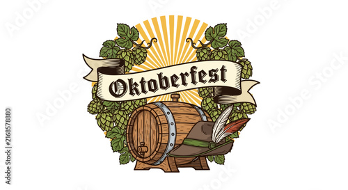 Oktoberfest barrel, hops, hat with feather, banner, sunburst - illustration