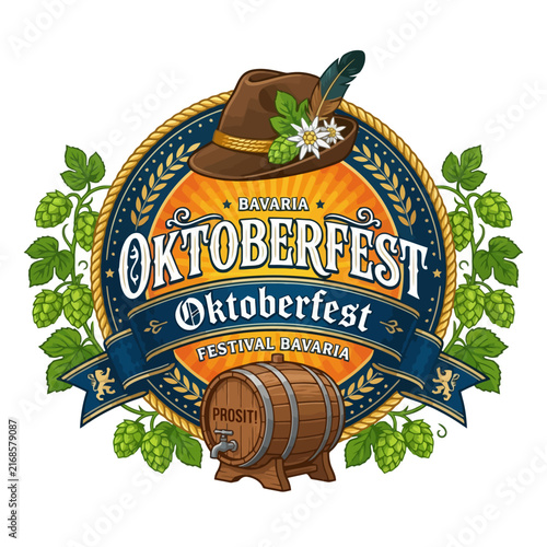 Oktoberfest Bavarian Festival Emblem Beer Barrel Hat Hops Beer Mug Illustration