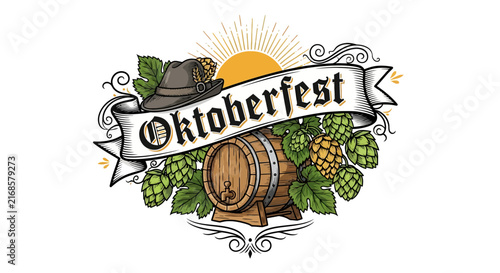 Oktoberfest beer barrel, hops, festive hat, and vintage banner celebration
