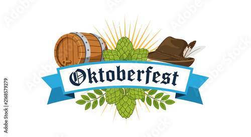 Oktoberfest: Beer Barrel, Hops and Bavarian Hat - Festival Emblem