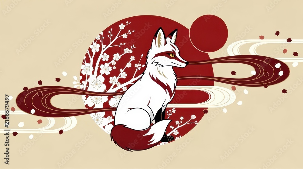 Naklejka premium Stylized Kitsune fox sitting in front of a red sun and cherry blossoms. Traditional Japanese art style with flowing aesthetic elements. Mythology concept for cultural marketing and design.