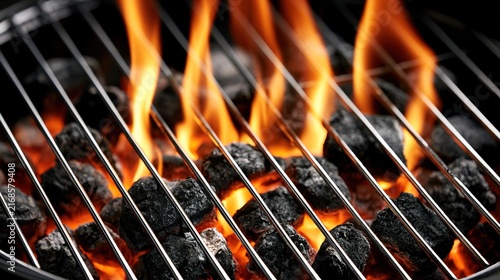 charcoal. A close-up view of a portable grill with glowing embers and flames against a dark background. menu design, packaging mockups, designed for food delivery and cloud-kitchen brand materials.