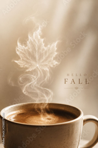 Hot steam from a cup forms a maple leaf shape next to Hello Fall text.