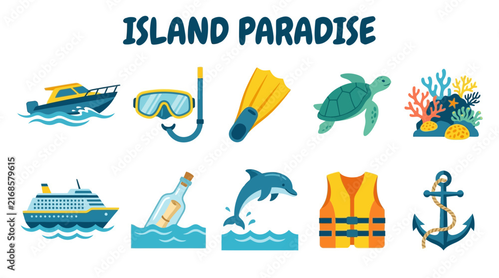 Obraz premium Colorful tropical island vacation icons set with boat, snorkeling, turtle, and ocean elements