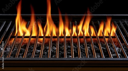 charcoal. A close-up view of a portable grill with glowing embers and flames against a dark background. menu design, packaging mockups, designed for food delivery and cloud-kitchen brand materials.
