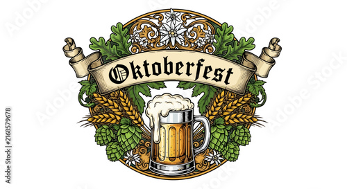 Oktoberfest Beer Mug Emblem with Hops and Wheat