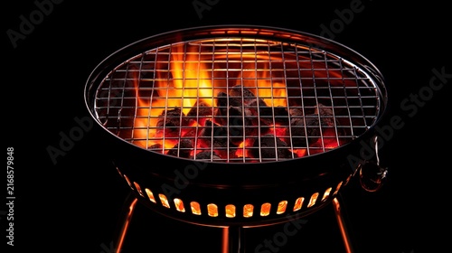 charcoal. A close-up view of a portable grill with glowing embers and flames against a dark background. menu design, packaging mockups, designed for food delivery and cloud-kitchen brand materials.