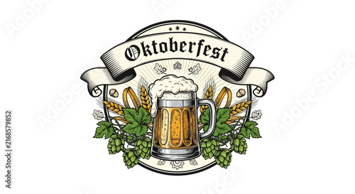 Oktoberfest beer mug emblem with hops, barley and ribbon