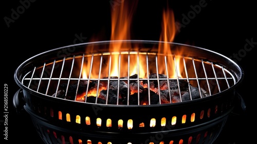 charcoal. A close-up view of a portable grill with glowing embers and flames against a dark background. menu design, packaging mockups, designed for food delivery and cloud-kitchen brand materials.