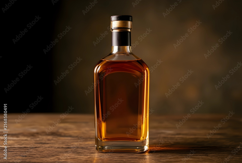 Obraz premium Premium whiskey bottle on a rustic wooden table, luxury spirits and alcoholic beverages concept, dark background for copy space
